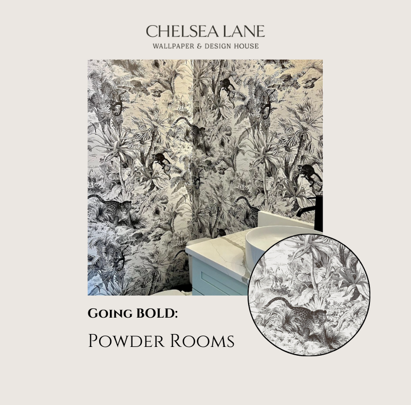 Picture showcasing black and white jungle wallpaper in a powder room