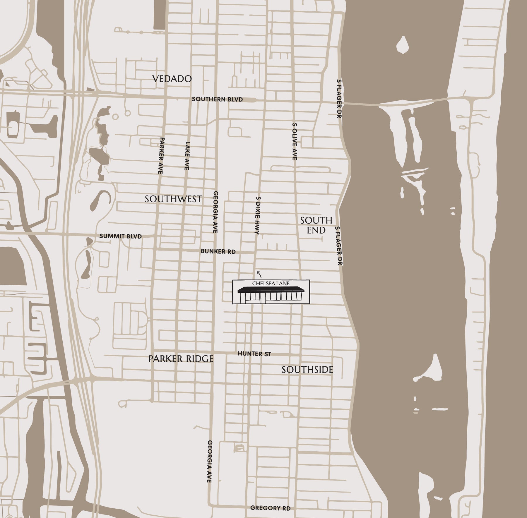 Picture of a map showing Dixie Highway pinpointing the Chelsea Lane Co. Showroom 