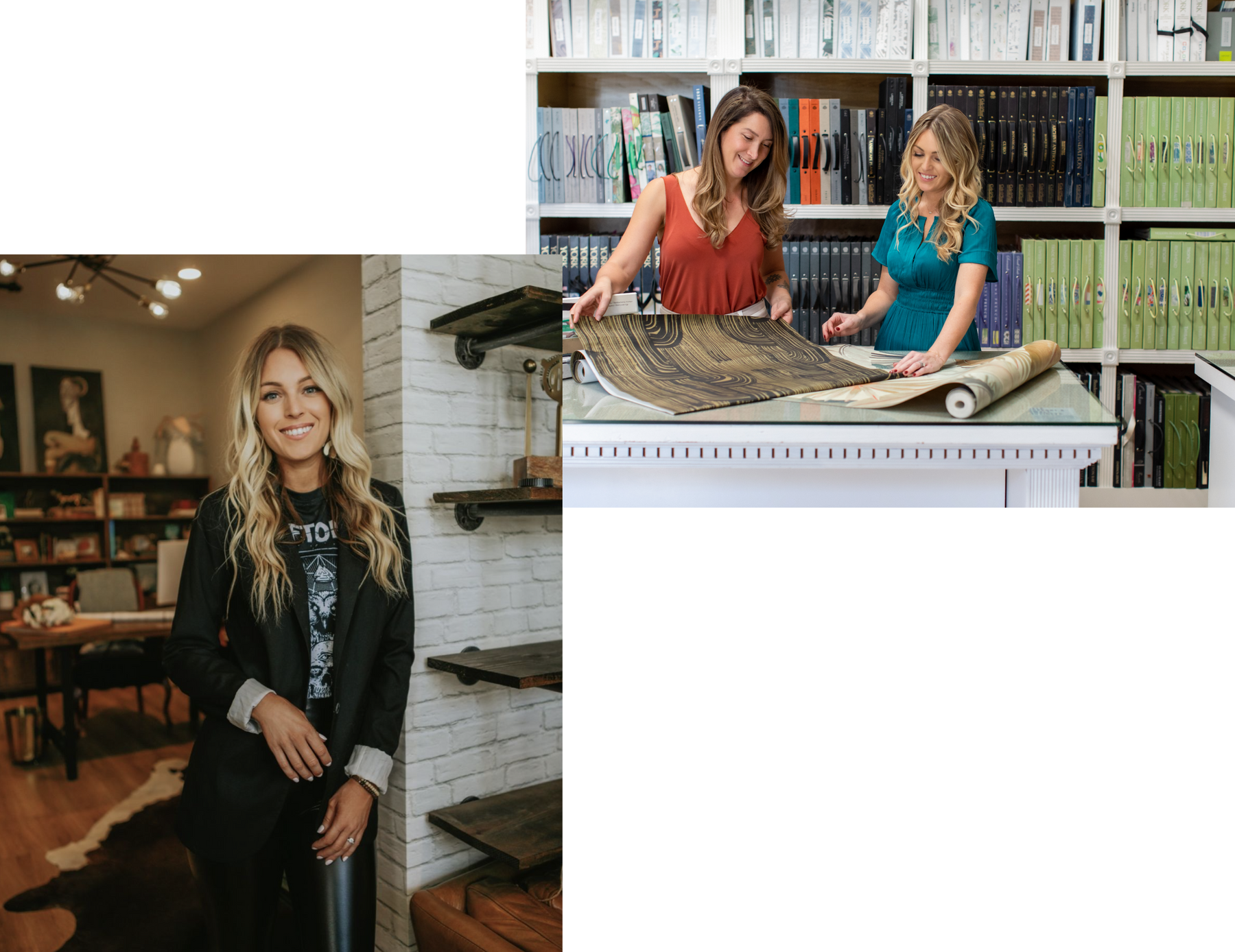 Engaging Diagonal Composition: A delightful image of a woman standing and smiling below, while above, two women admire wallpaper, radiating joy and satisfaction.