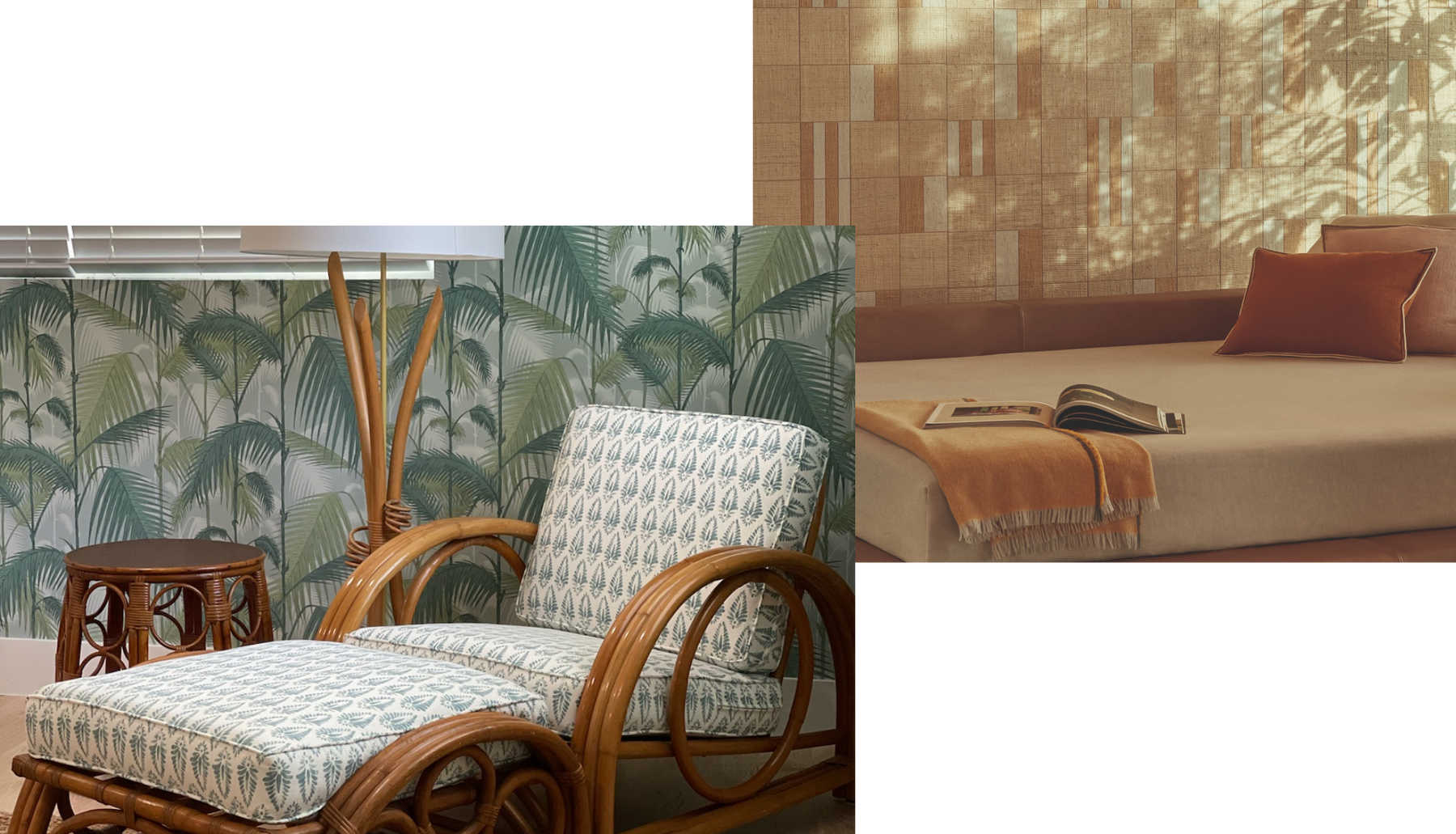 Inviting Dual Room Perspective: On one side, a cozy lounge chair surrounded by lush green Palm Fronds; on the other, a chic tan bench complemented by tonal square wallpaper, creating a harmonious visual balance.
