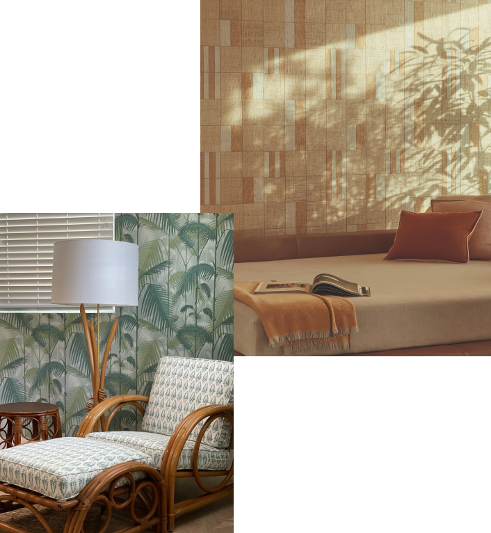 Inviting Dual Room Perspective: On one side, a cozy lounge chair surrounded by lush green Palm Fronds; on the other, a chic tan bench complemented by tonal square wallpaper, creating a harmonious visual balance.