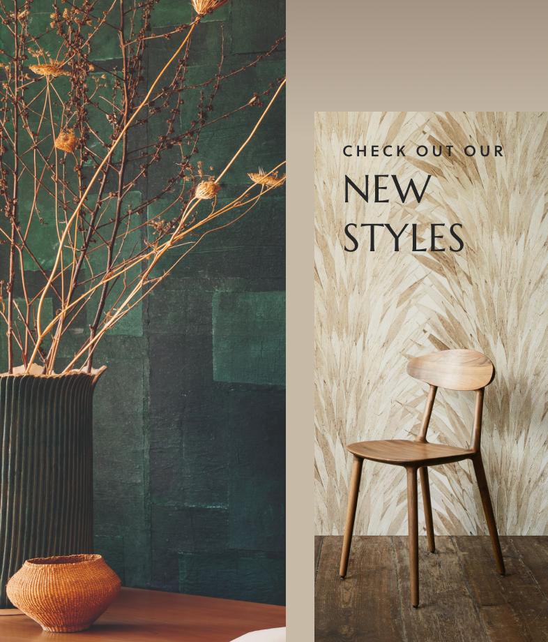 Captivating Banner: Dual room perspectives reveal a chic ambiance with green pattern wallpaper on one side and serene beige Palm Frond paper on the other.