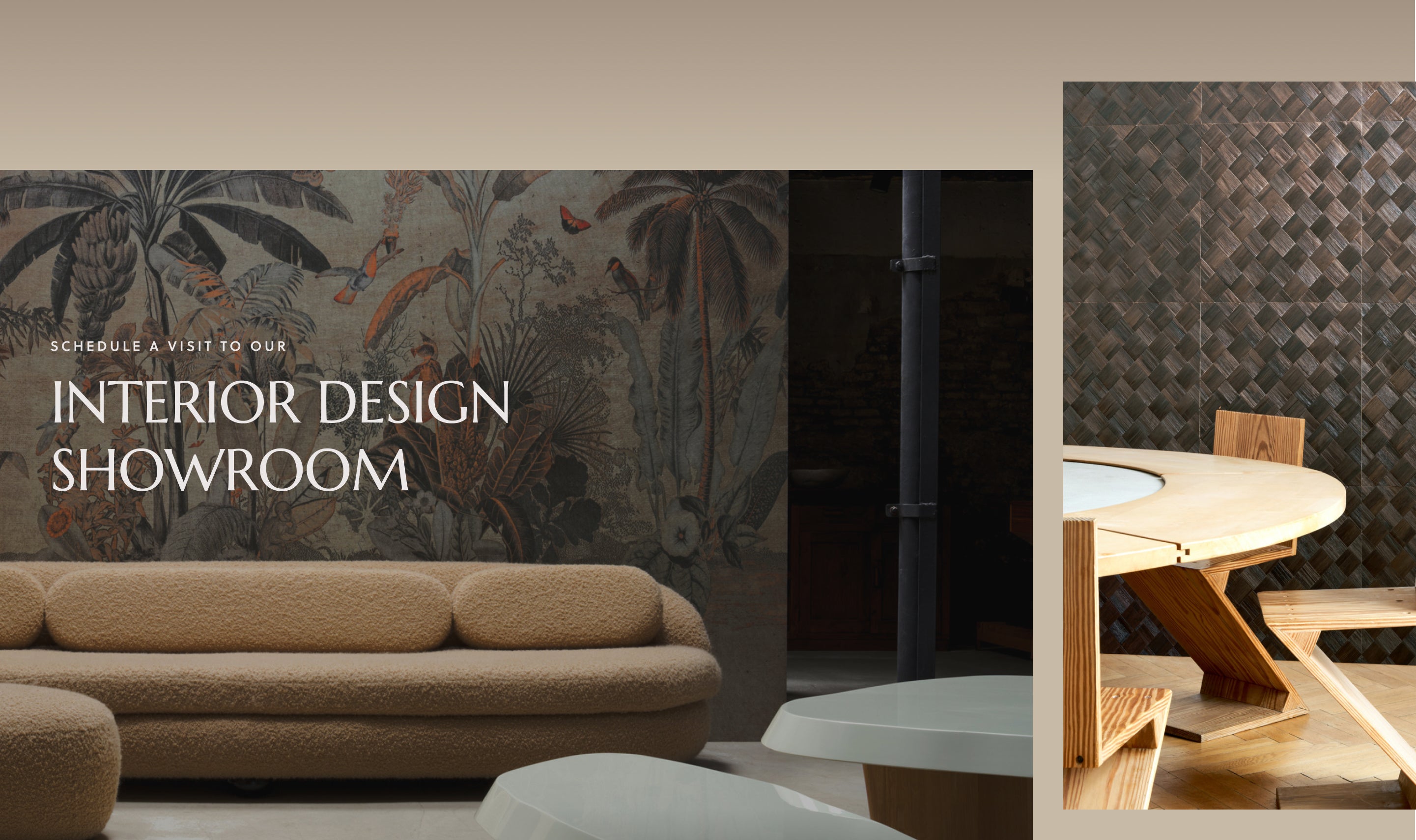 Stylish Banner Display: One captivating image showcases a chic tan bouclé sofa against a backdrop of lush jungle-style wallpaper, while the other reveals an inviting oak dining room table complemented by textured dark checkered tonal wallpaper.