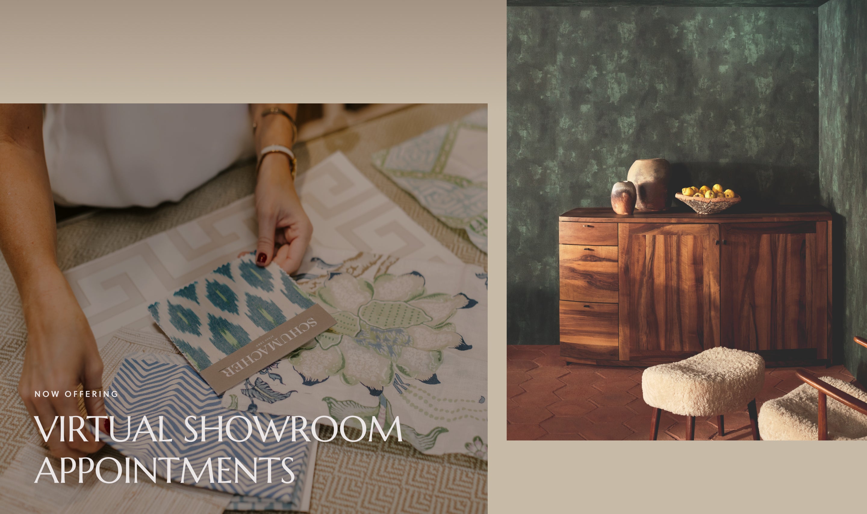 a hand holding various patterned wallpaper samples alongside a sophisticated dark wood cabinet adorned with a captivating green plaster wallpaper backdrop.