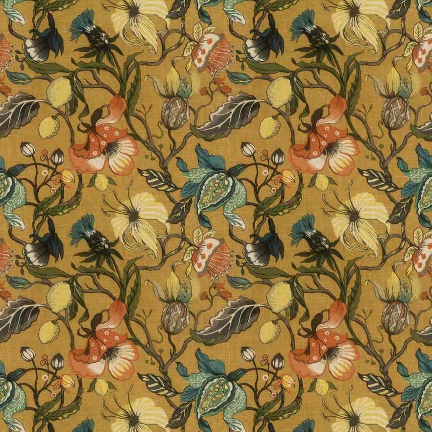 Gold/orange/spice/black floral fabric