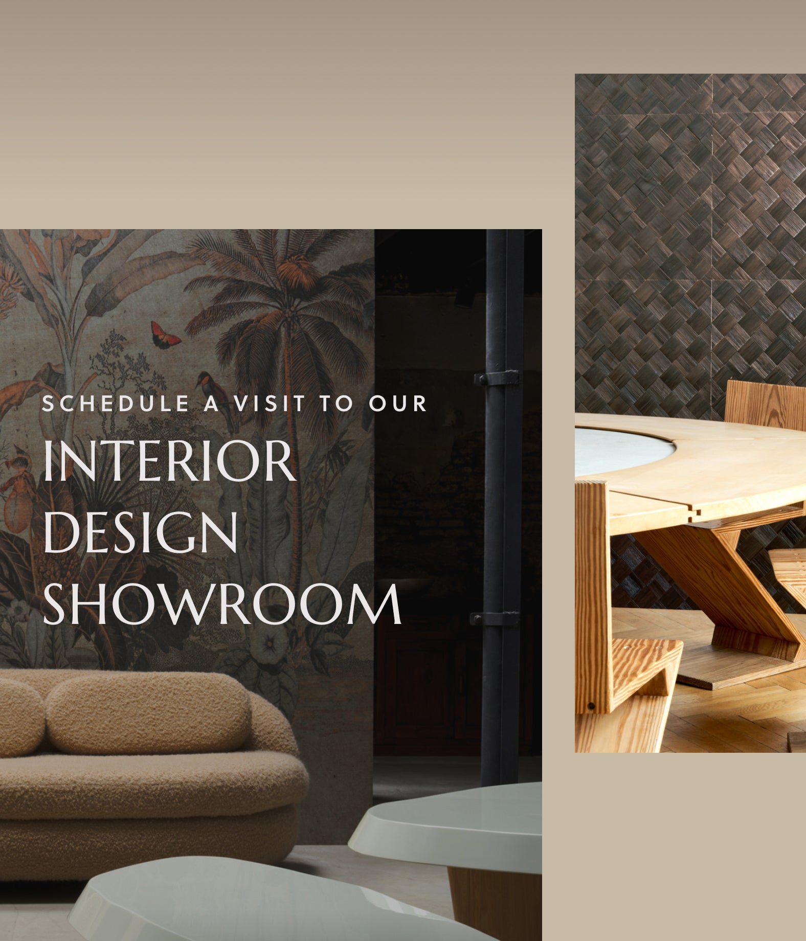 Stylish Banner Display: One captivating image showcases a chic tan bouclé sofa against a backdrop of lush jungle-style wallpaper, while the other reveals an inviting oak dining room table complemented by textured dark checkered tonal wallpaper.