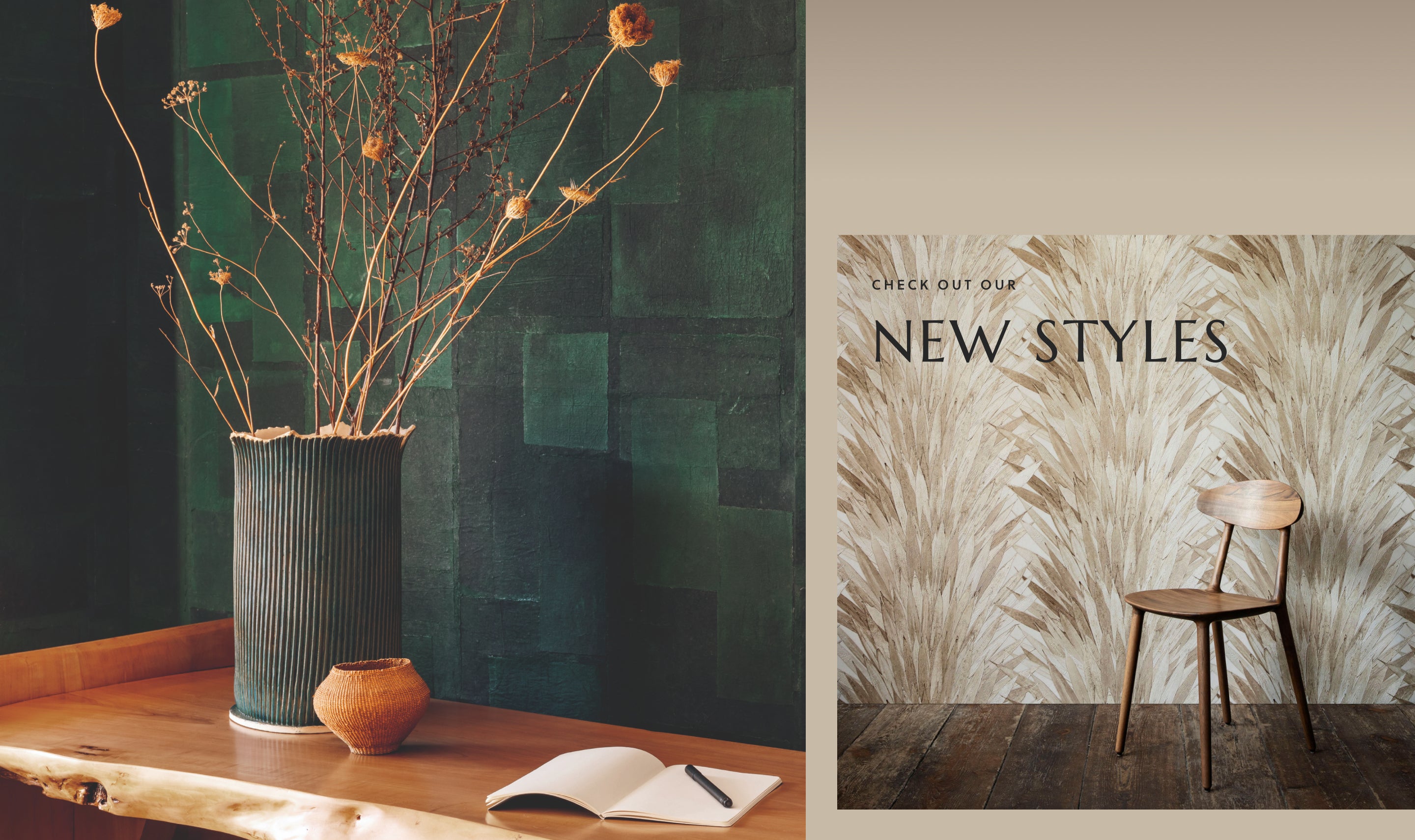 Captivating Banner: Dual room perspectives reveal a chic ambiance with green pattern wallpaper on one side and serene beige Palm Frond paper on the other.