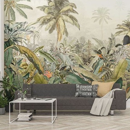 Tropical Mural Wallpaper with Palm Fronds and Tropical Orange Flowers, Modern Palm Trees