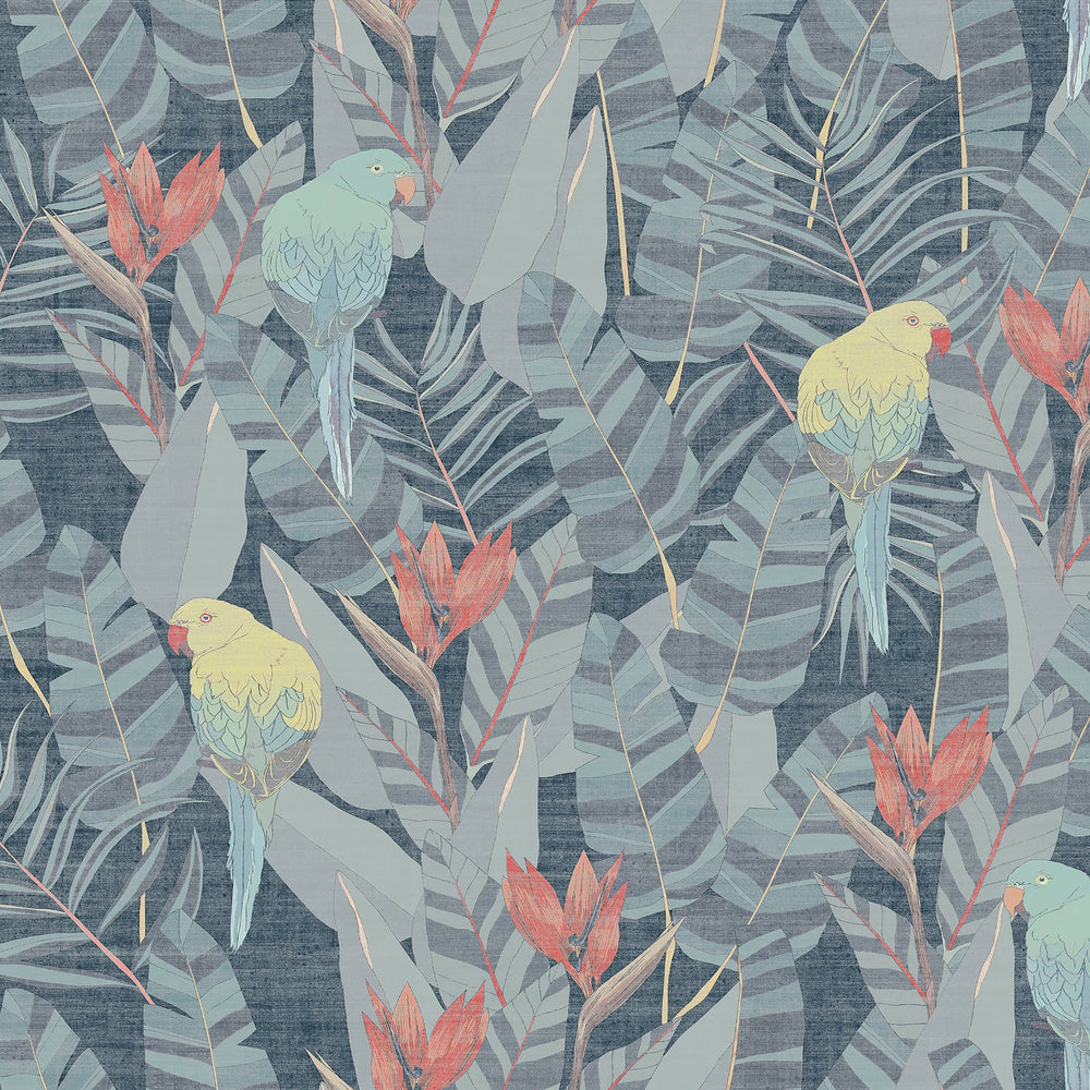 blue yellow and red floral bird vinyl wallpaper