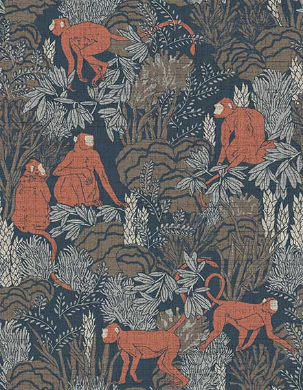 chic monkey wallpaper in blue and orange